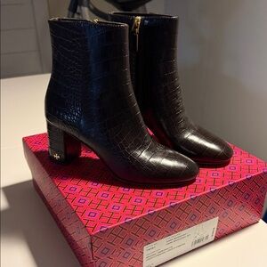 Tory Burch dark mahogany croc embossed booties